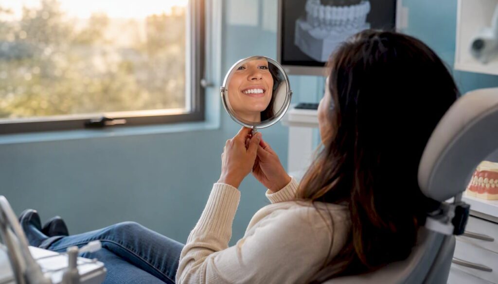 Patient examining smile in dental consultation