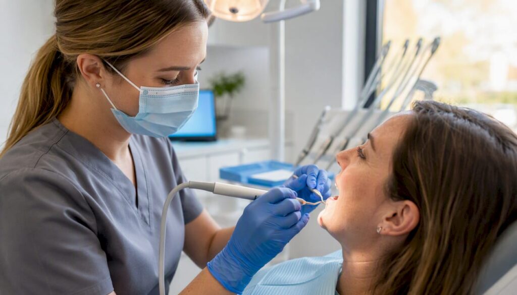 Dental hygienist cleaning patient's teeth
