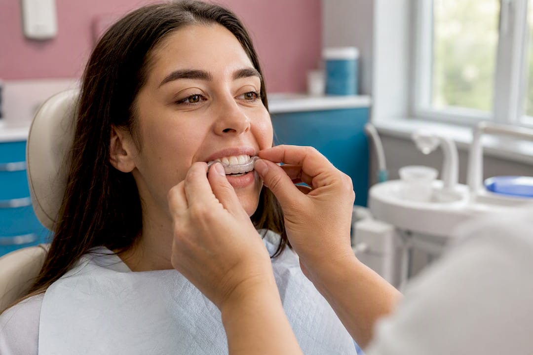 Patient adjusting custom night guard in mouth