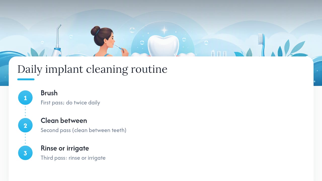 Diagram of three-step dental implant cleaning process