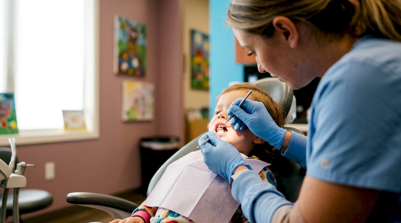 Dentist inspecting child's baby teeth