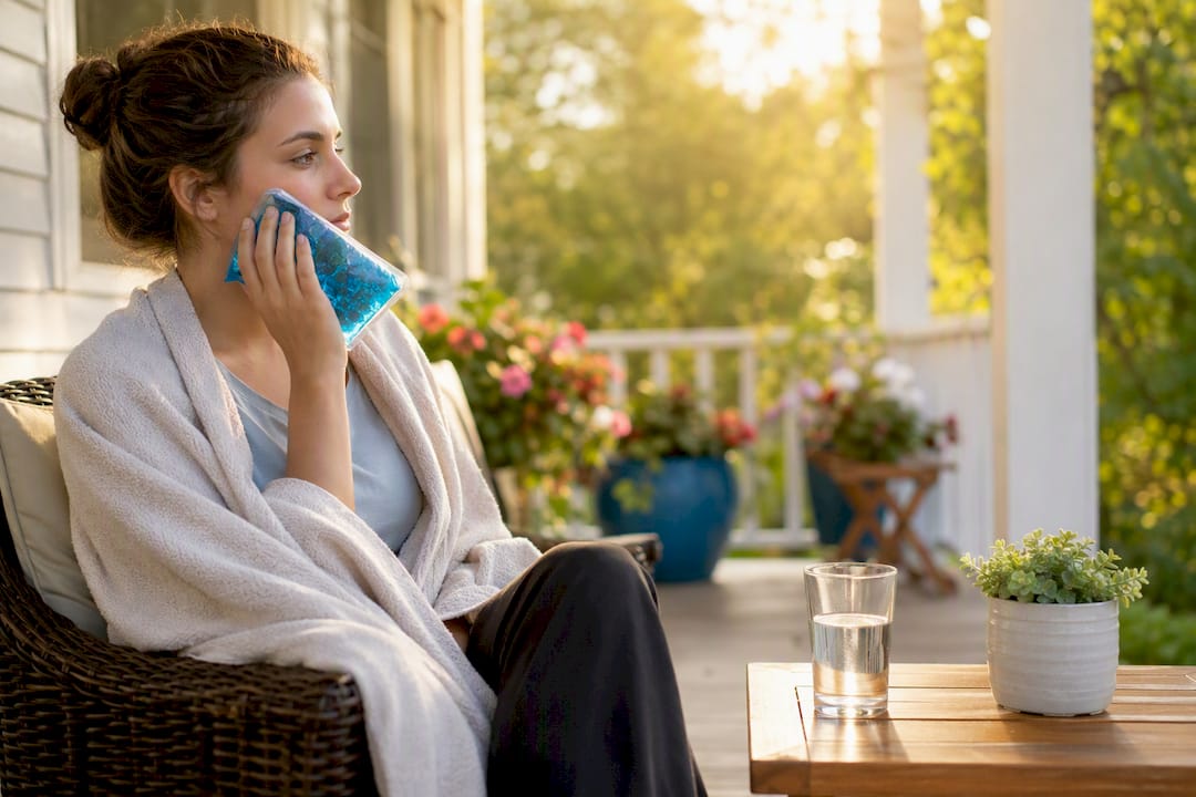 Applying cold compress on swollen cheek