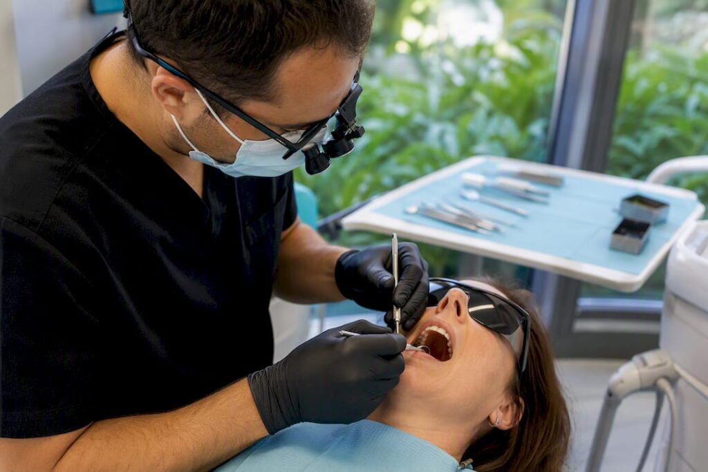 Close-up of dental surgeon placing temporary crown on implant