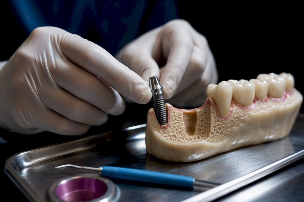 Dental implant beside jaw bone model