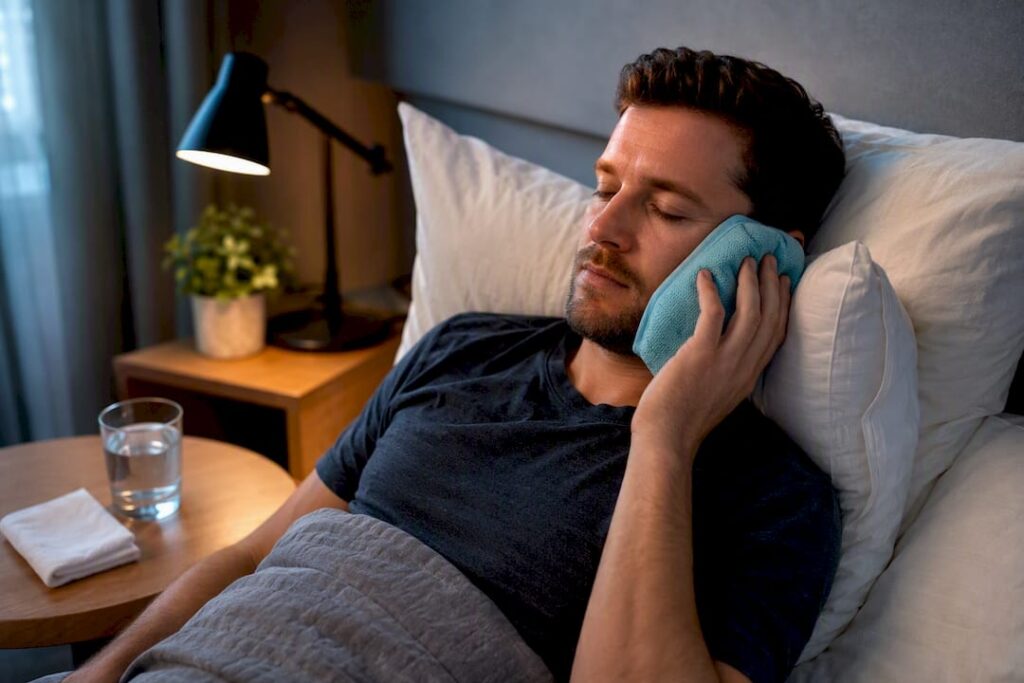 Patient resting with cold compress after implant surgery