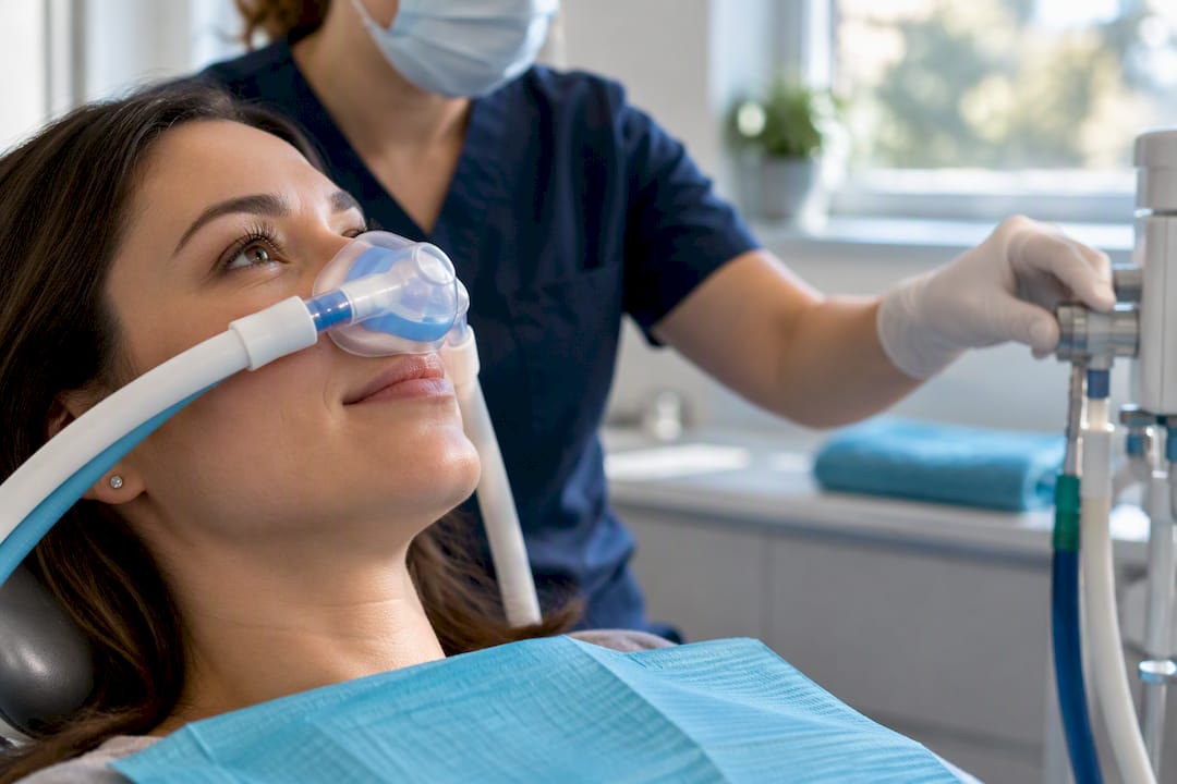Patient breathing through dental sedation mask