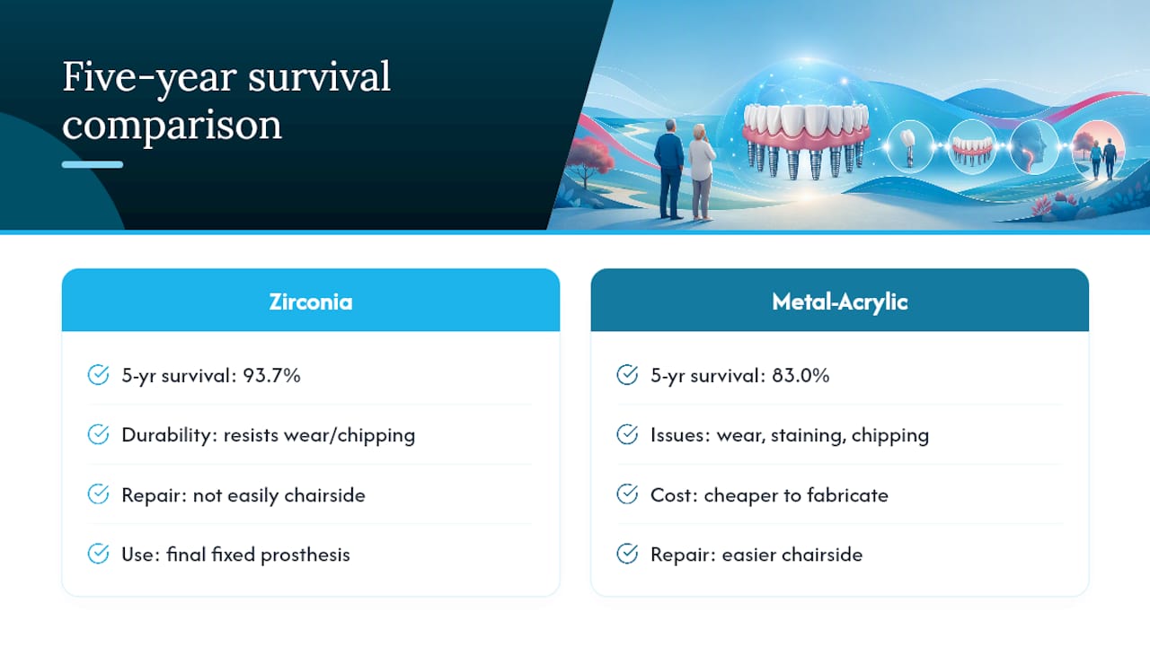 Five-year zirconia and acrylic survival comparison
