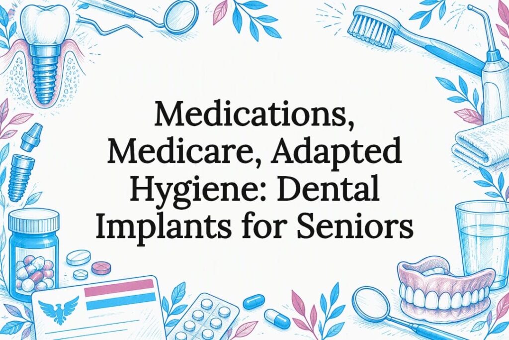 Dental implants title card with senior care symbols