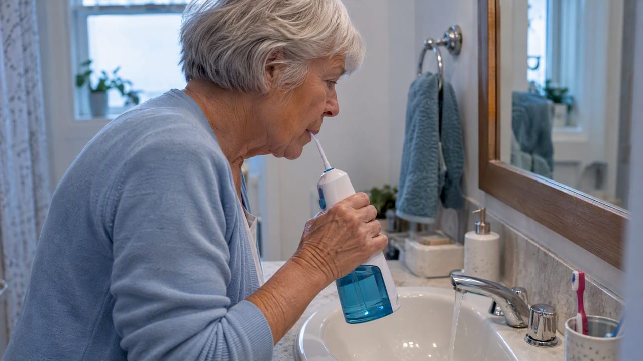 Older woman using water flosser at sink