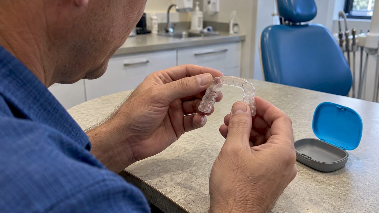 Adult inspecting a cracked clear retainer
